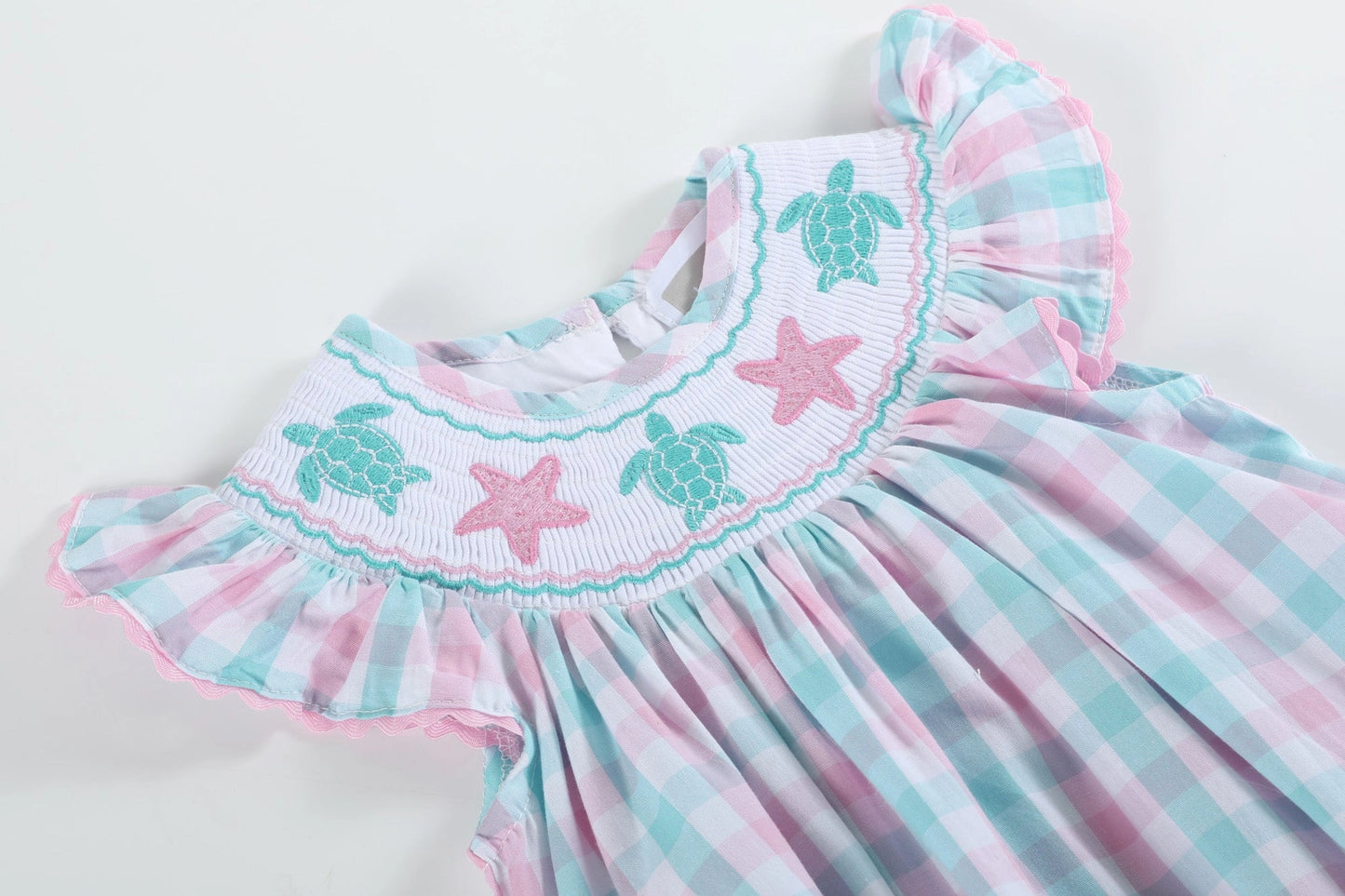 Pink & Turq Gingham Turtle Smock Romper