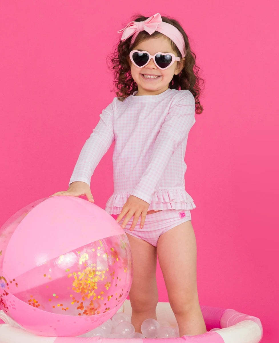 Pink Gingham Ruffle Hem Rash Guard 2PC