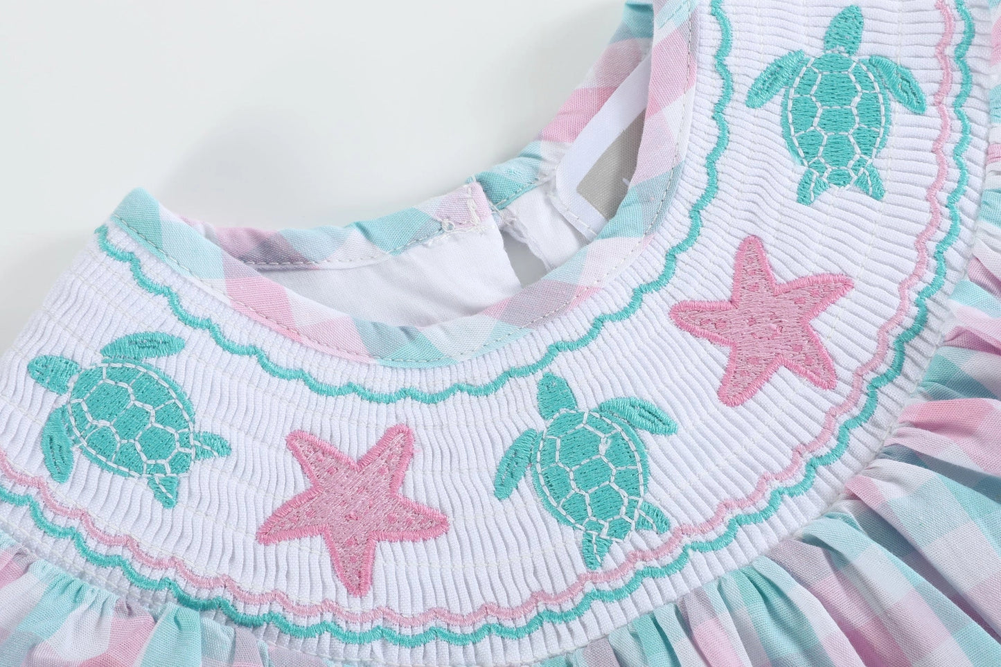 Pink & Turq Gingham Turtle Smock Romper