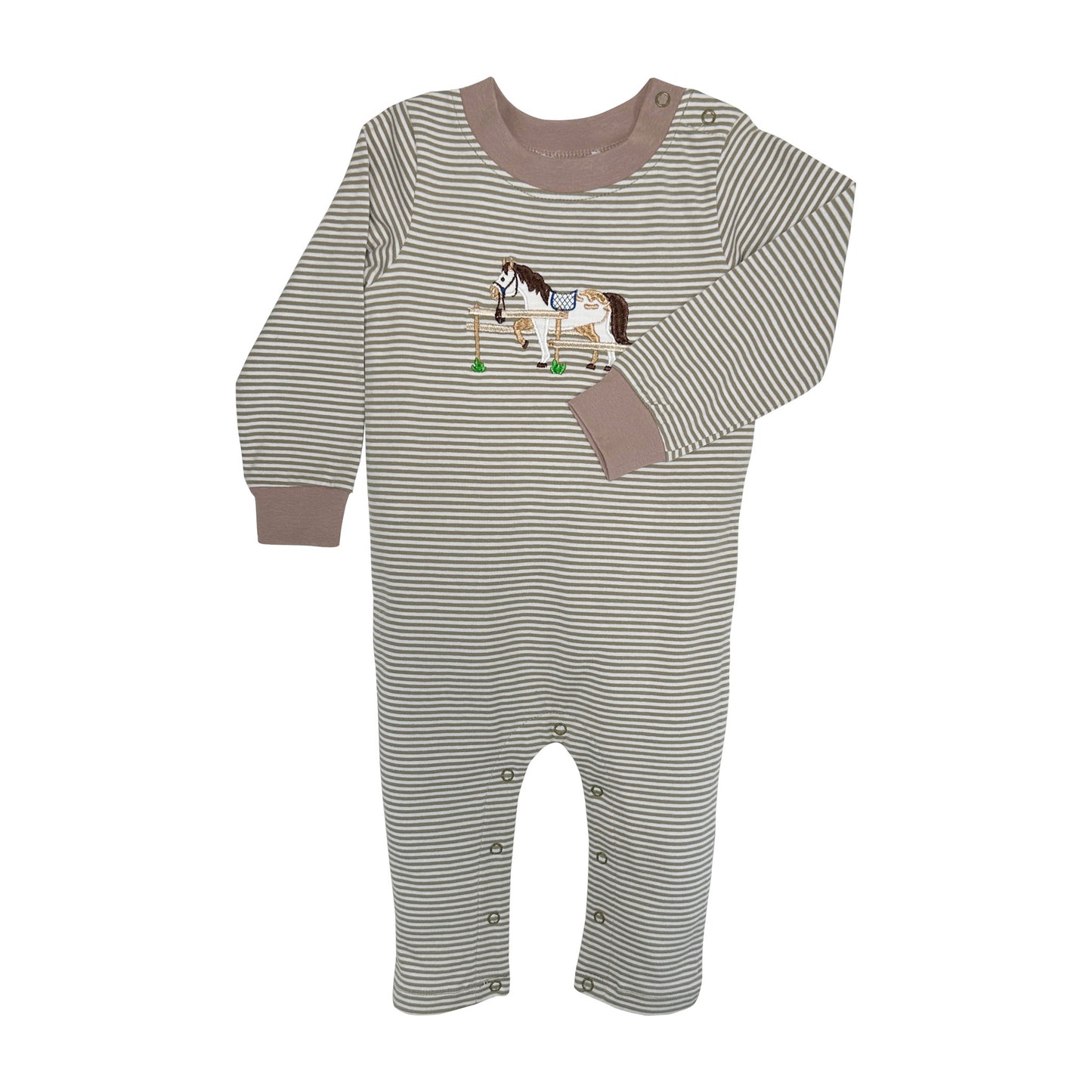 Olive Stripe Horse Applique Boys Romper