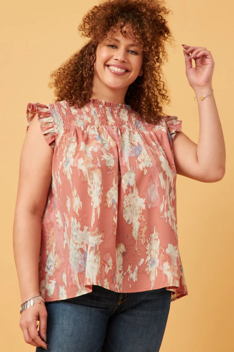 Womens Pink Watercolor Smocked Tank