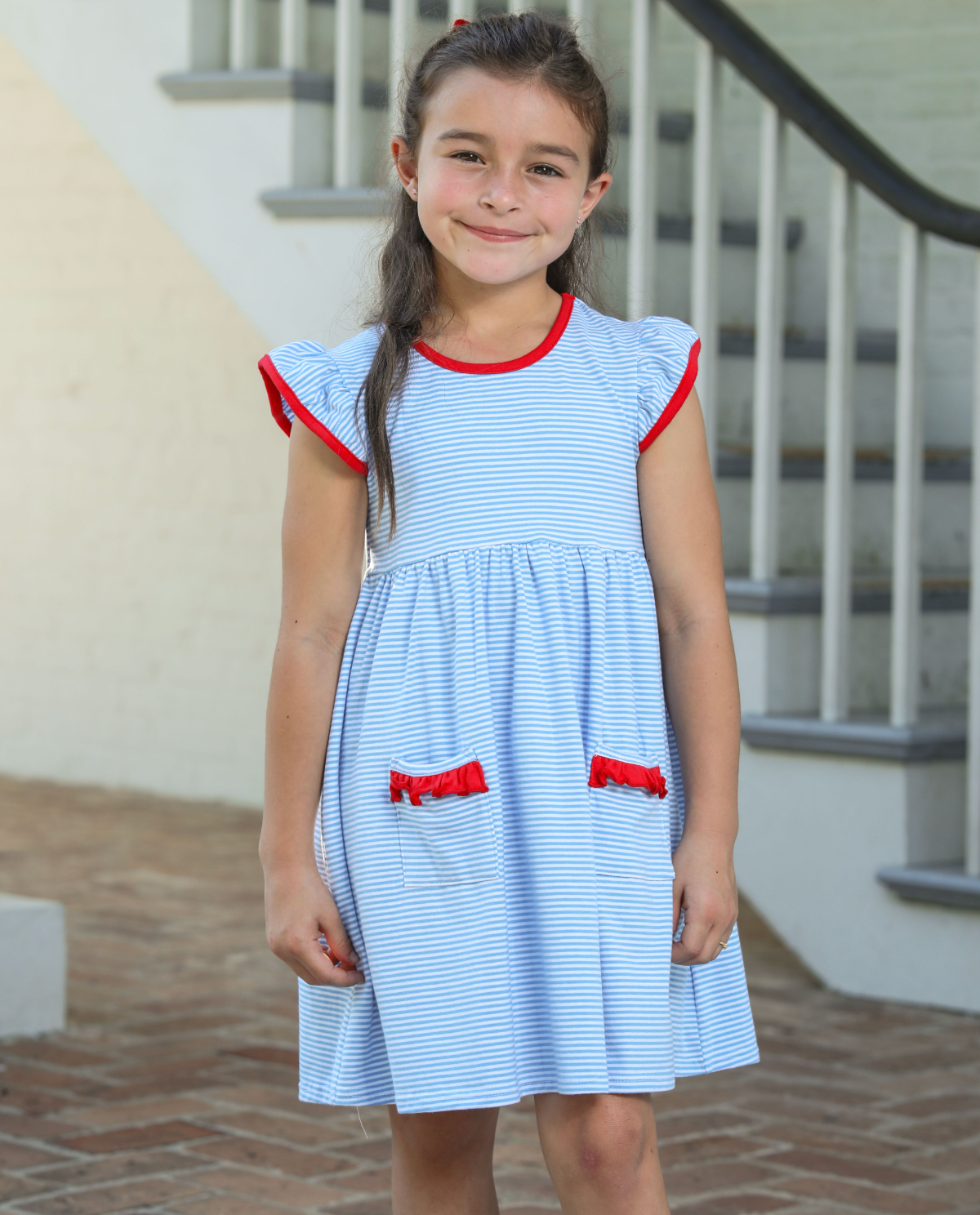 Blue Corn Stripe & Red Lucy Dress