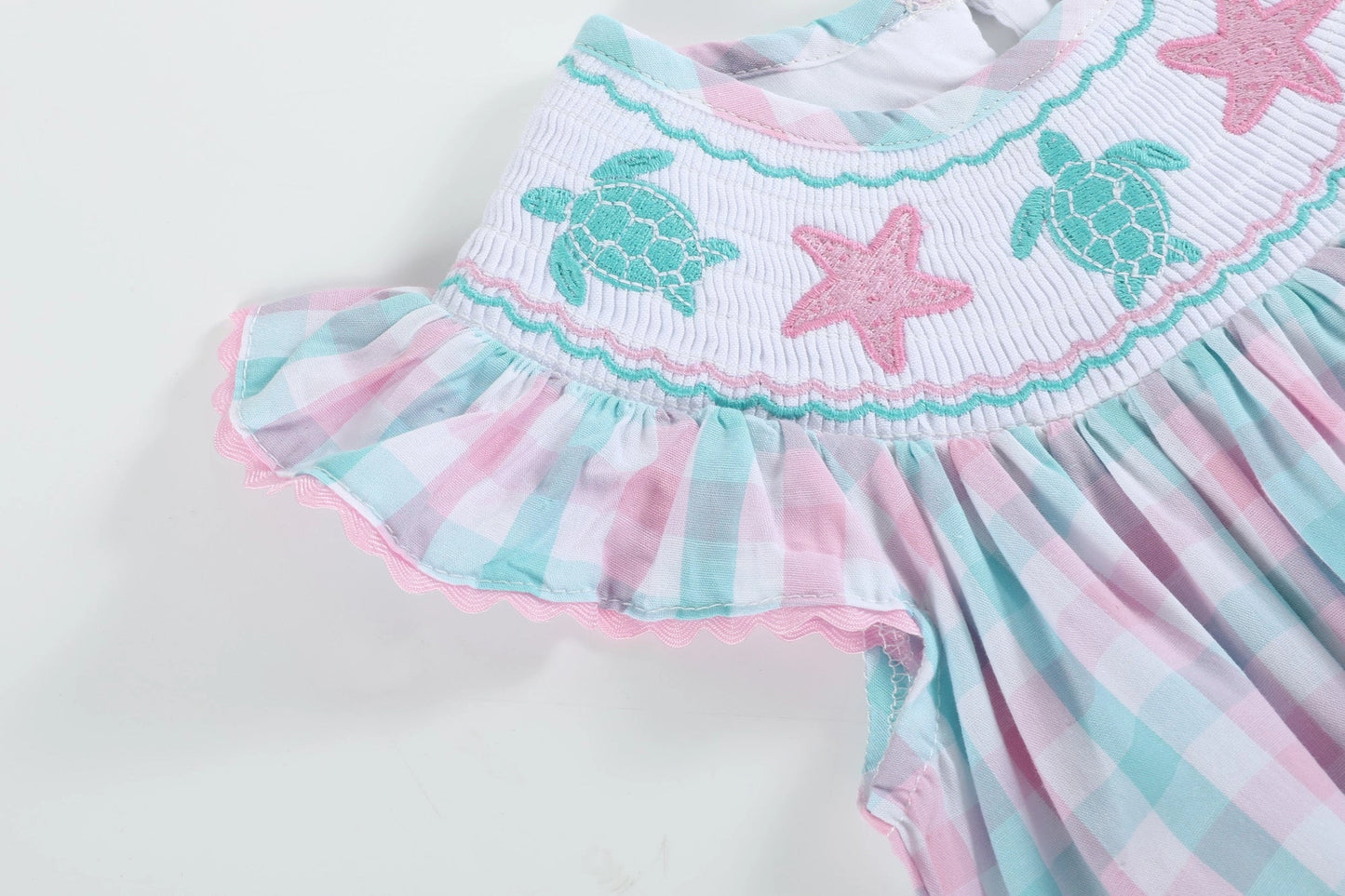 Pink & Turq Gingham Turtle Smock Romper