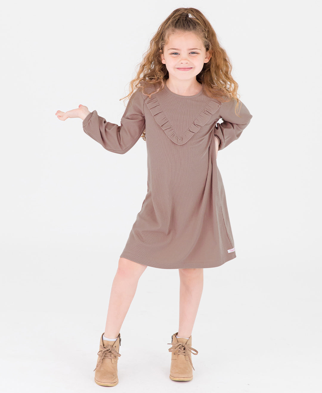 Dusty Lilac Rib Knit LS V Ruffle Dress