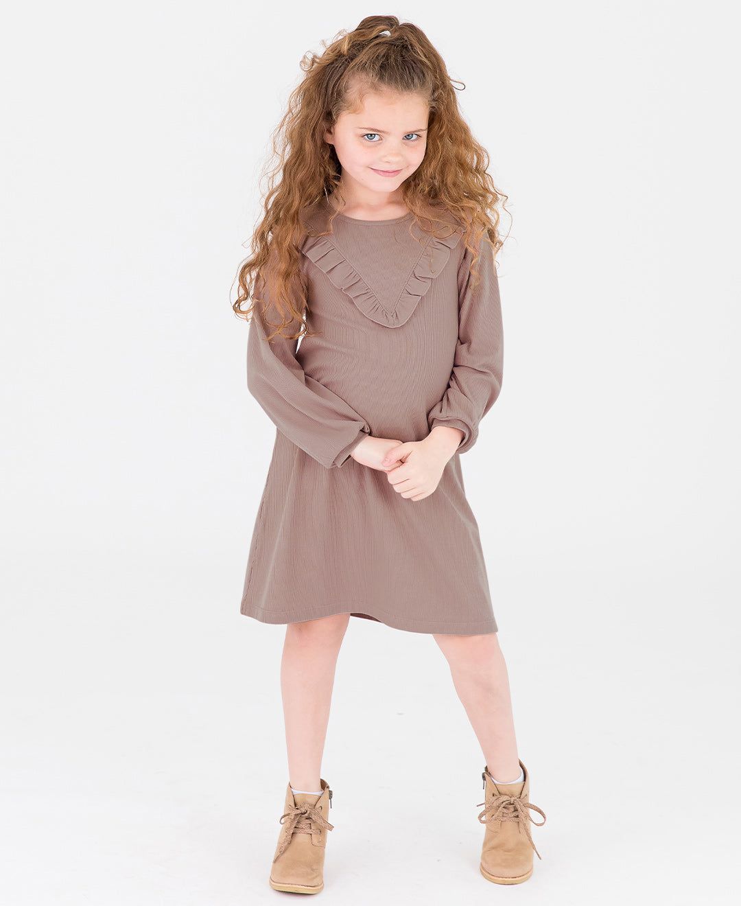 Dusty Lilac Rib Knit LS V Ruffle Dress