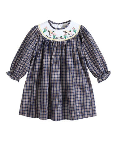 Bl Flannel Plaid Mallard Smocked Dress