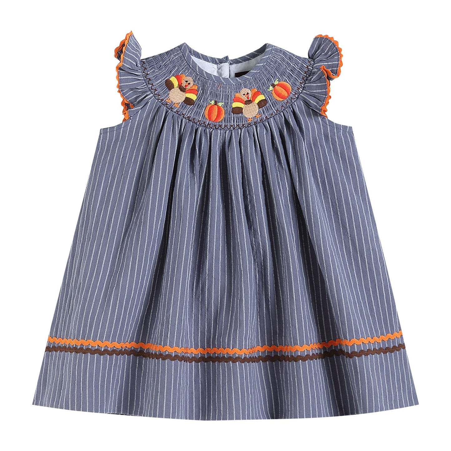 Gray Blue Turkey Pumpkins Smocked Dress