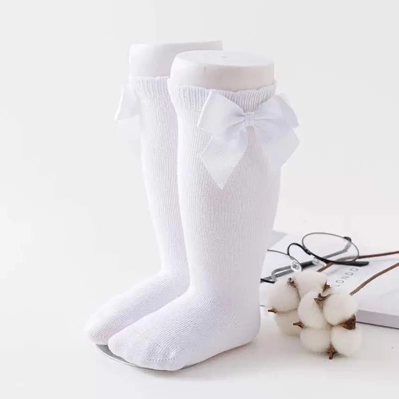 White Bow Knee High Socks