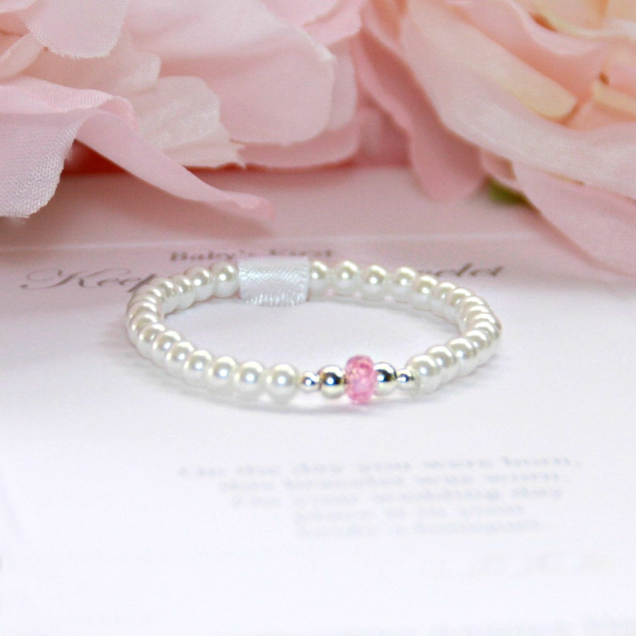 White Pearl Pink Stone SS Ball Bracelet