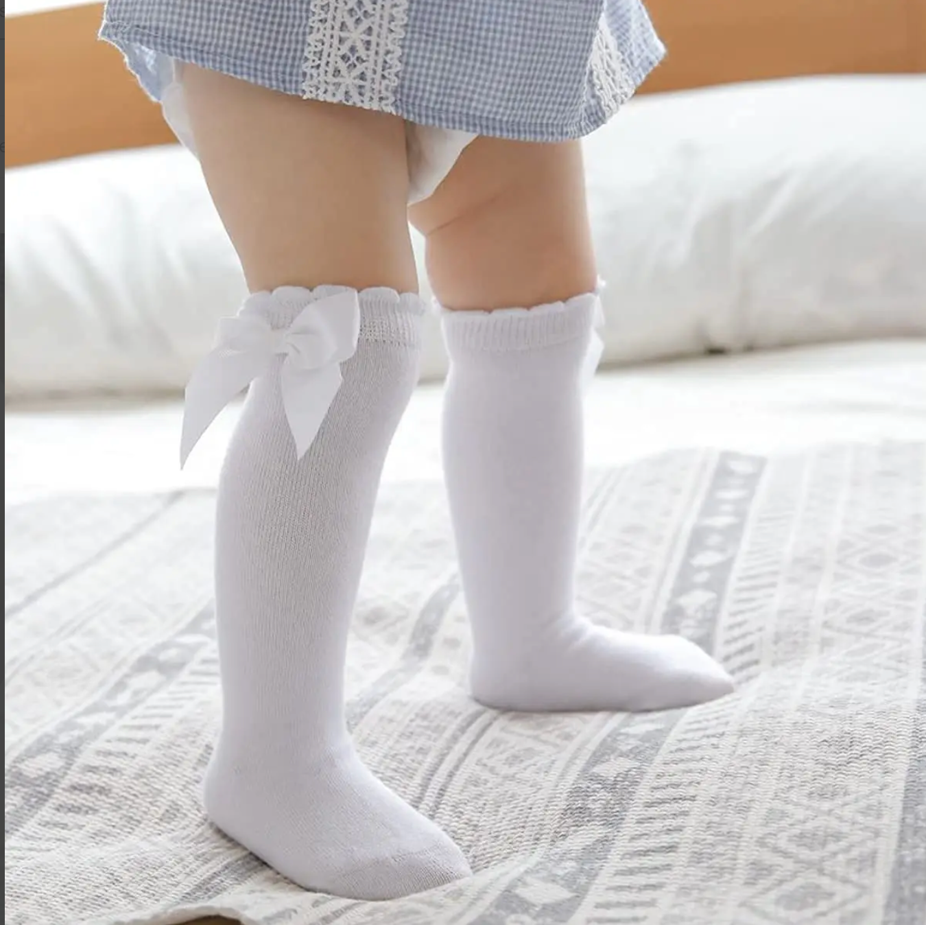 White Bow Knee High Socks