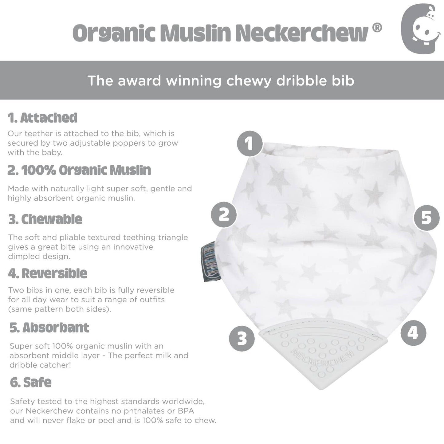 Silver Stars Neckerchew Muslin Teething Dribble Bib