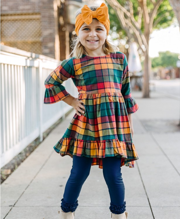 Autumn Rainbow Plaid High Low Ruffle Tunic