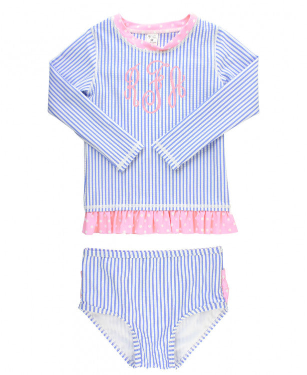 Periwinkle Blue Seersucker Long Sleeve Rash Guard Bikini