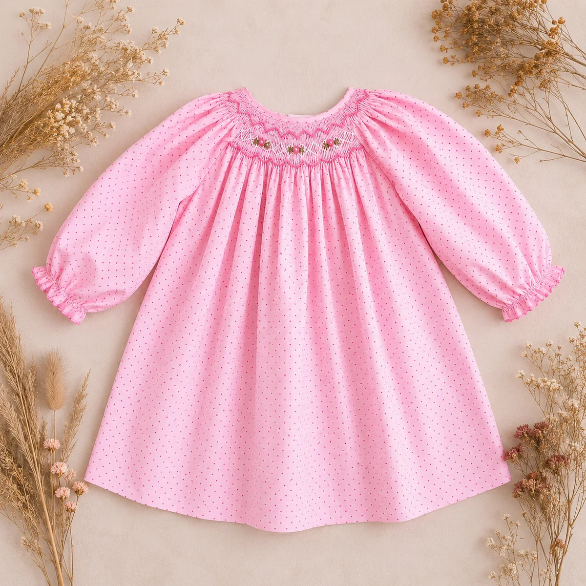 Pink Dot Dress Bishop Smocking