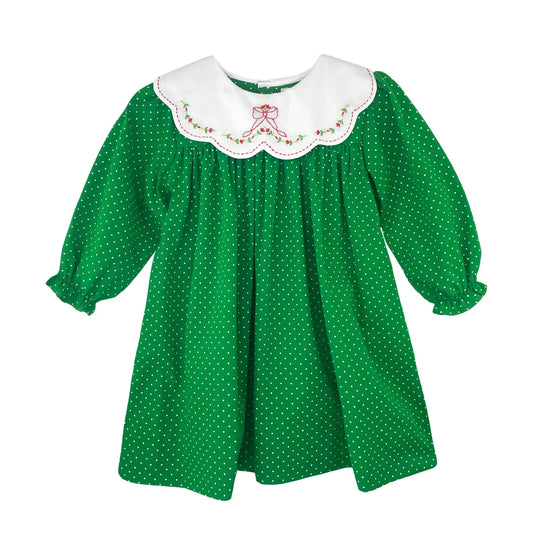 Green Dot Bow Collar Dress