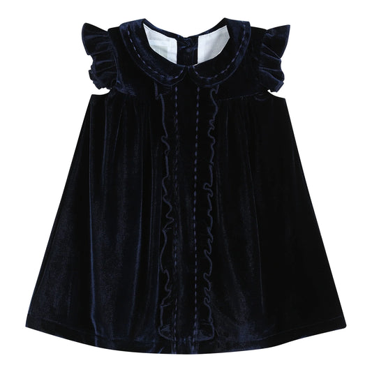 Navy Blue Velour Flutter Dress