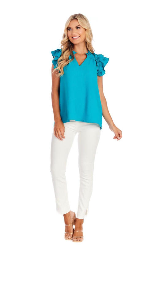 Teal Dahlia Ruffle Top