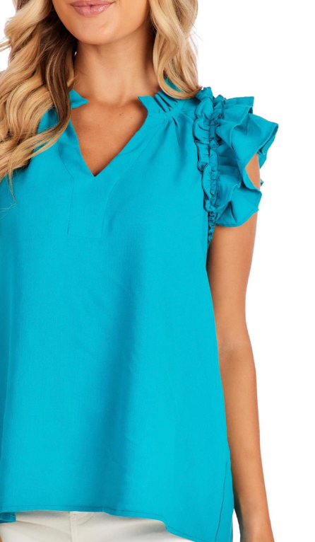 Teal Dahlia Ruffle Top