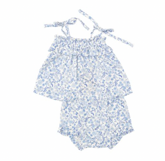 Blue Calico Floral Ruffle Bloomer Set