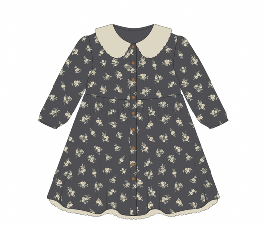Navy Bloom Cord Organic Collared Dress