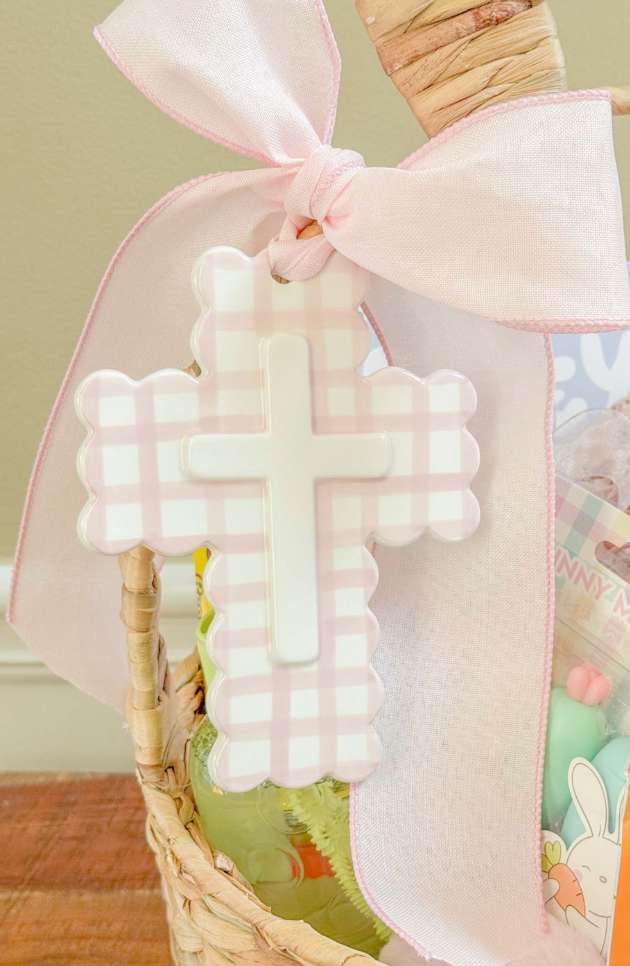 Pink Gingham Ceramic Cross