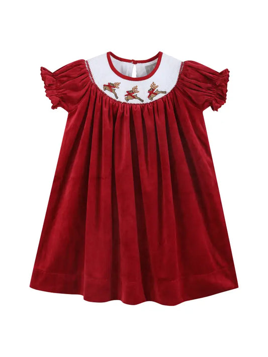 Red Velour Reindeer Smocked Dress