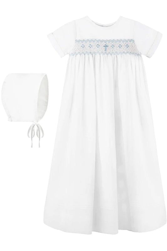 Long Bullion Cross Boy Christening Gown W/Bonnet