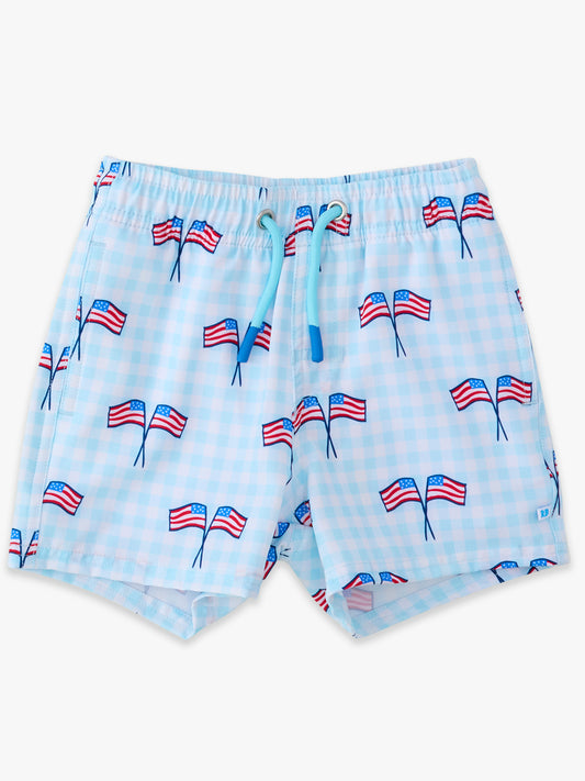 Blue Patriotic Gingham Swim Trunk