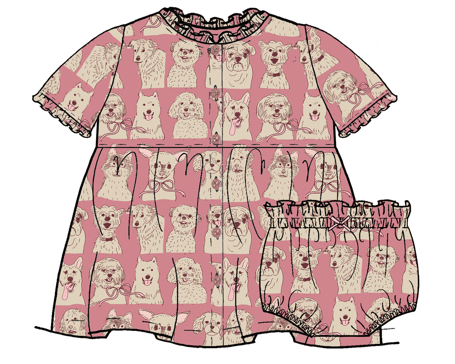 Pink Sketched Dog Autumn Dress Set