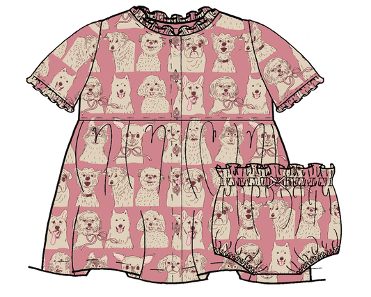 Pink Sketched Dog Autumn Dress Set