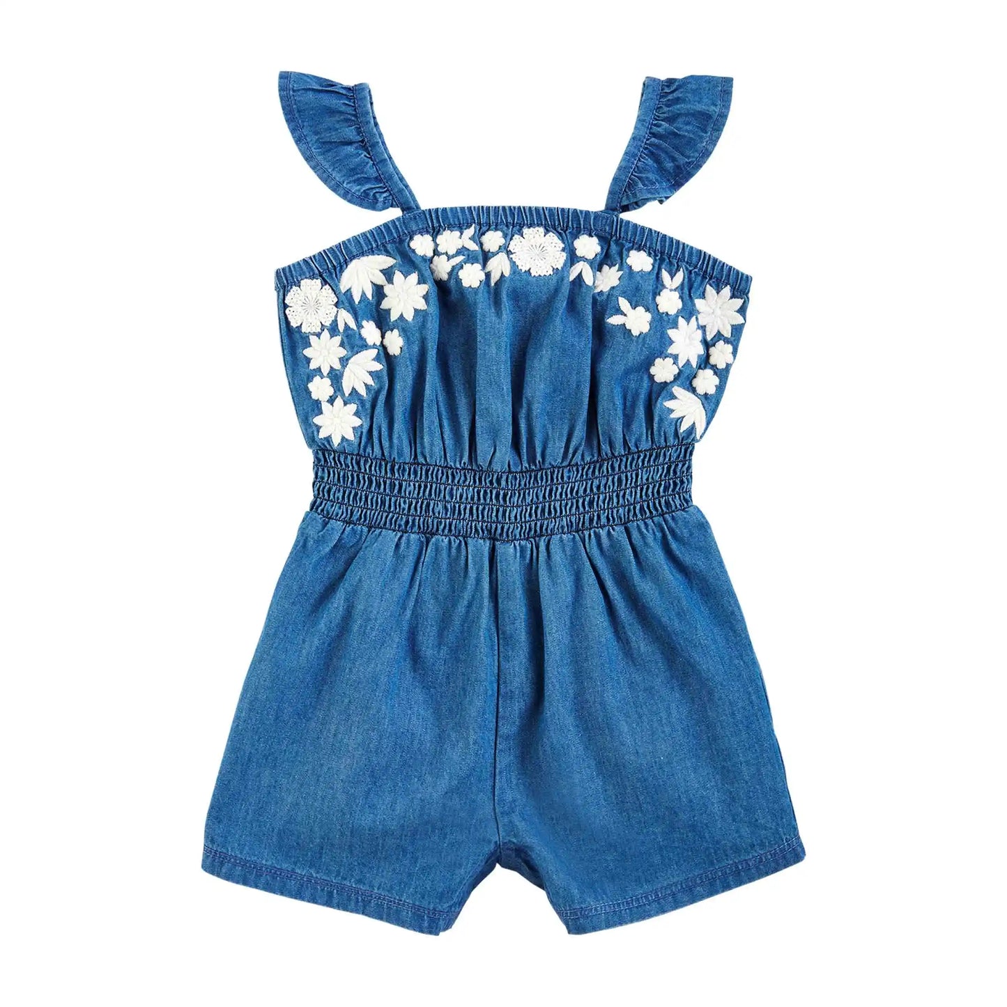 Denim Emb Ruffle Romper