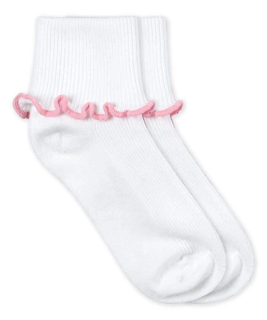 White Pink Ripple Edge Turn Cuff Sock