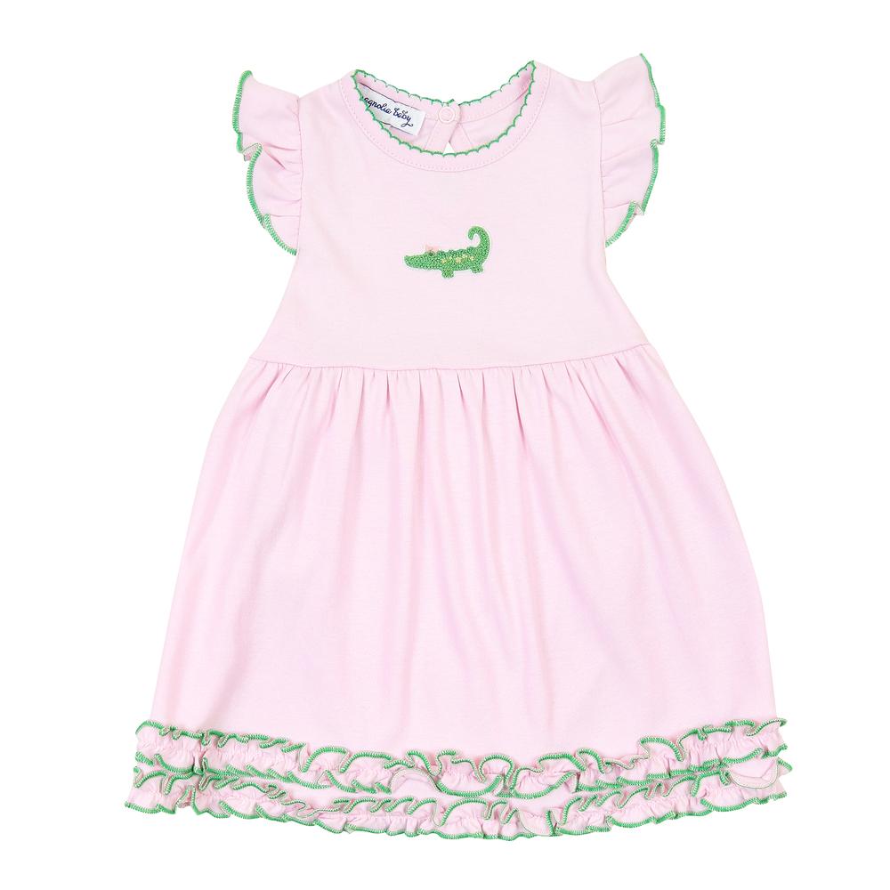 Pink Tiny Alligator Embroidered Flutter Dress Set
