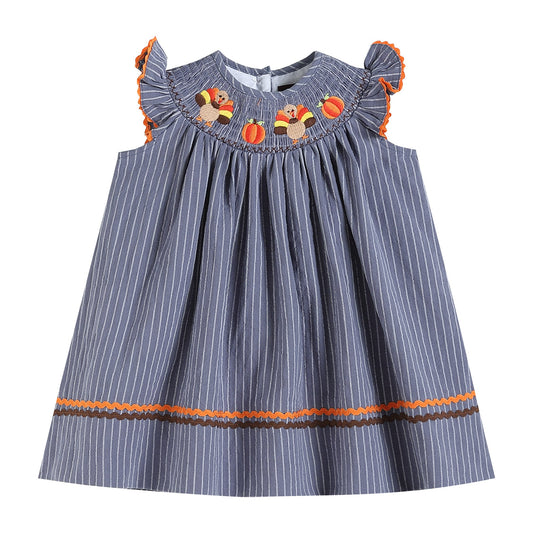 Gray Blue Turkey Pumpkins Smocked Dress