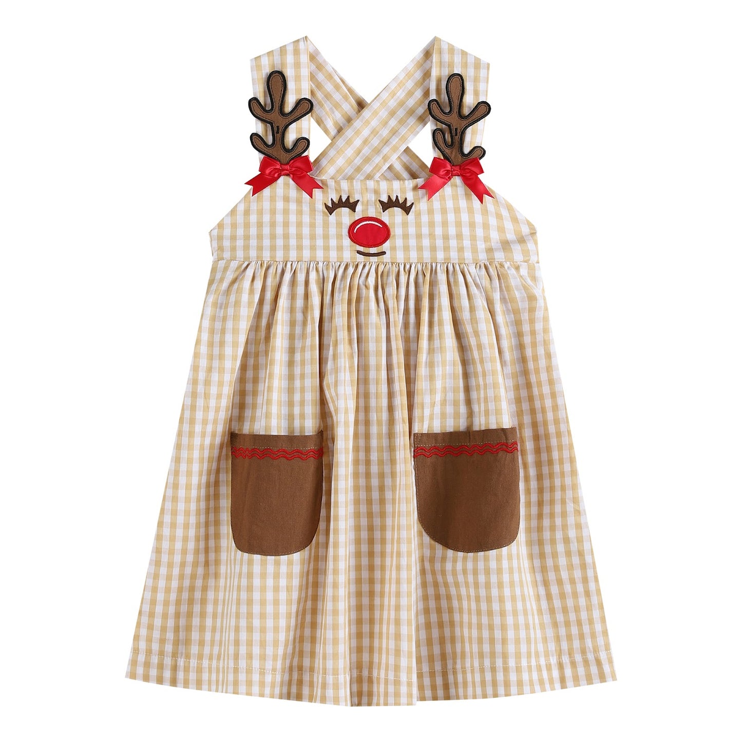 Fawn Brown Gingham Reindeer Jumper Dress