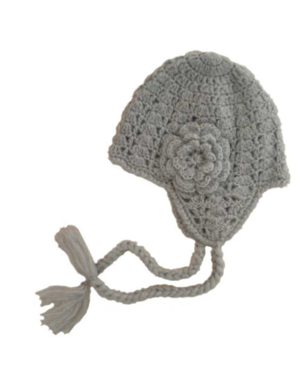 Grey Lacy Flowered Earflap Beanie Hat