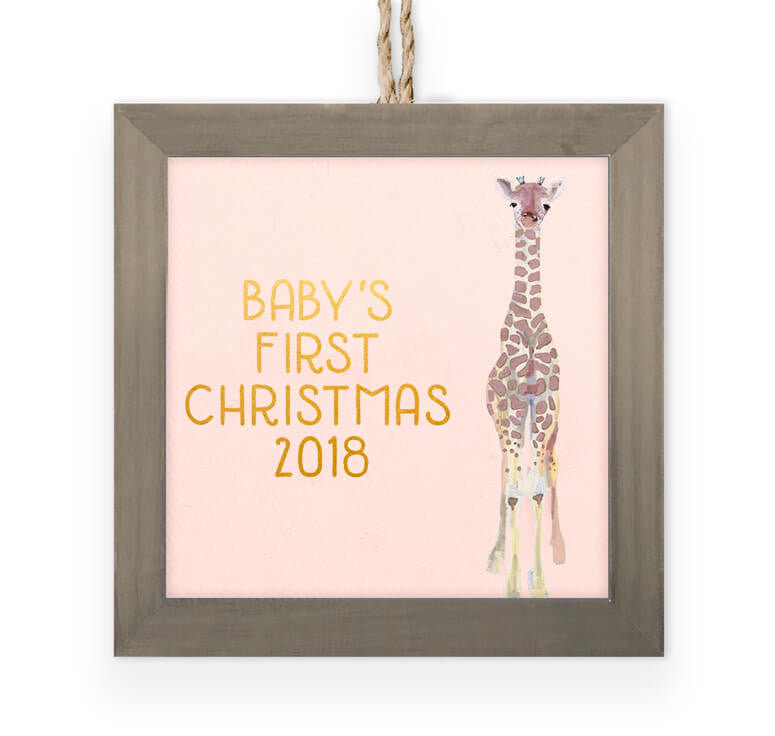 Pink Holiday Baby Giraffe Wooden Framed Ornament