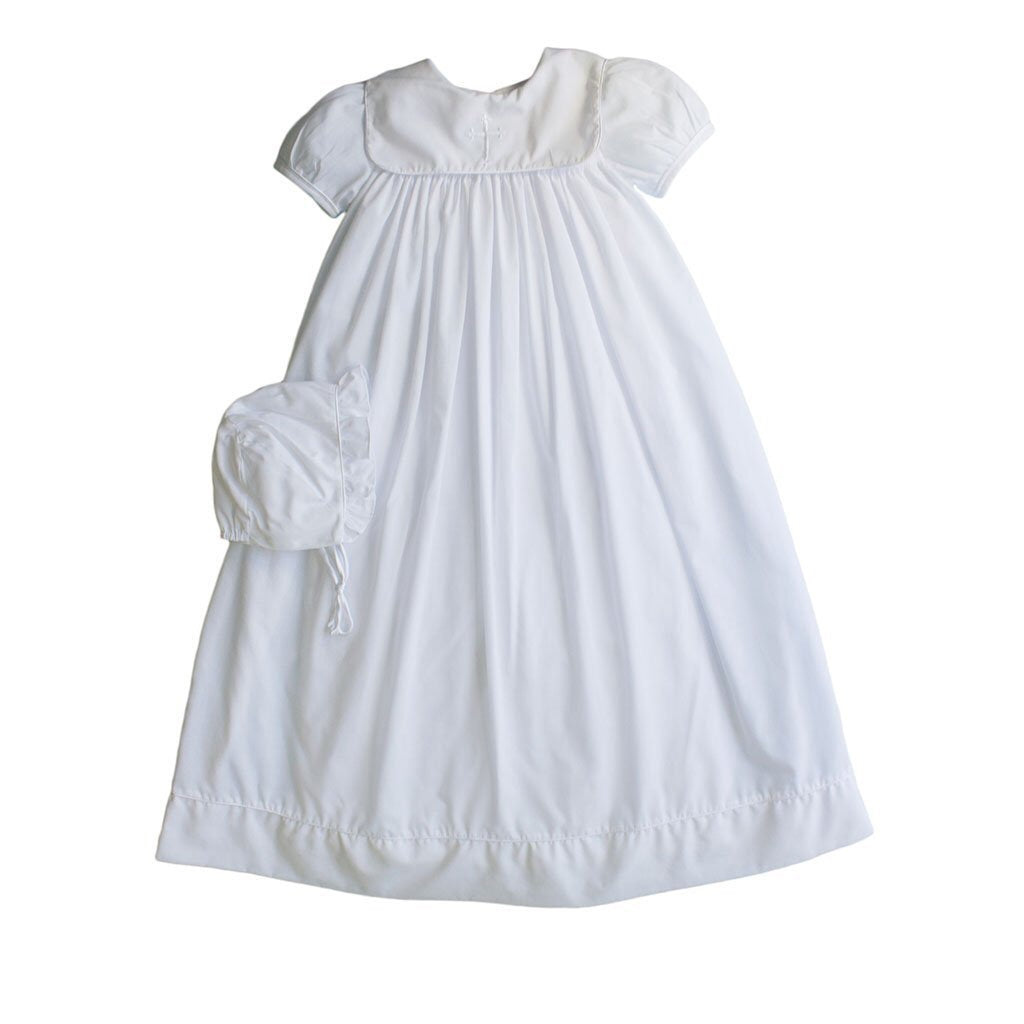 Square Collar with Embroidered Cross Girls Christening Gown